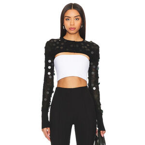 Danielle Guizio Paillette Knit Jersey Micro Cardigan Sweater Black Women's XS